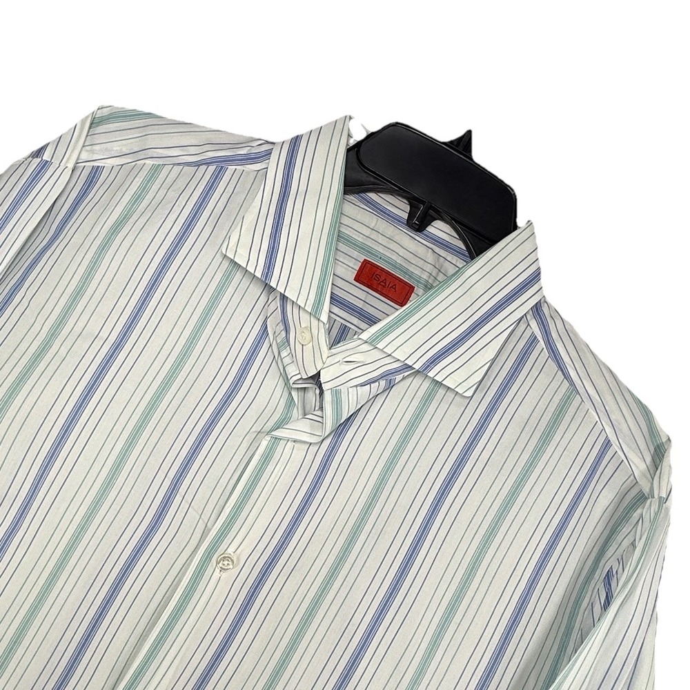 ISAIA Made in Italy Striped Spread Collar Dress Shirt in Blue 17.5 /44 Blue
